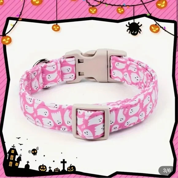Pink Ghost Pattern Pet Collar with Ghost Charm - Picture 3 of 6